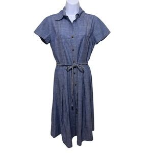 Talbots Womens Blue Cotton Chambray Button Front Belted Midi Shirtdress Size 4